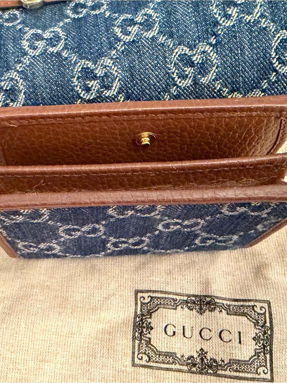 Gucci Blue Denim and Brown Leather Crossbody Bag with Matching Wallet - Picture 14 of 16